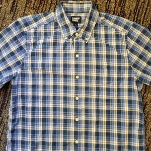 Lands' End Men's Navy and White Plaid Shirt Short Sleeve Size M 38/40 Pearl Snap